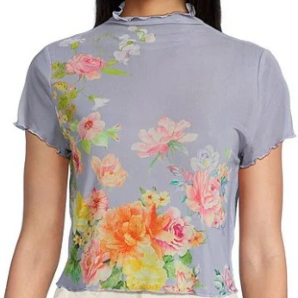 C&V Chelsea & Violet Ruffle Neck Short Sleeve Floral Mesh Top‎ SZ L - NWT